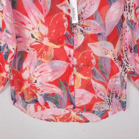 Chicos Pleated Sleeve Blouse Dreamy Lily Floral Watermelon Punch Red Pink 1.5 - Picture 13 of 15